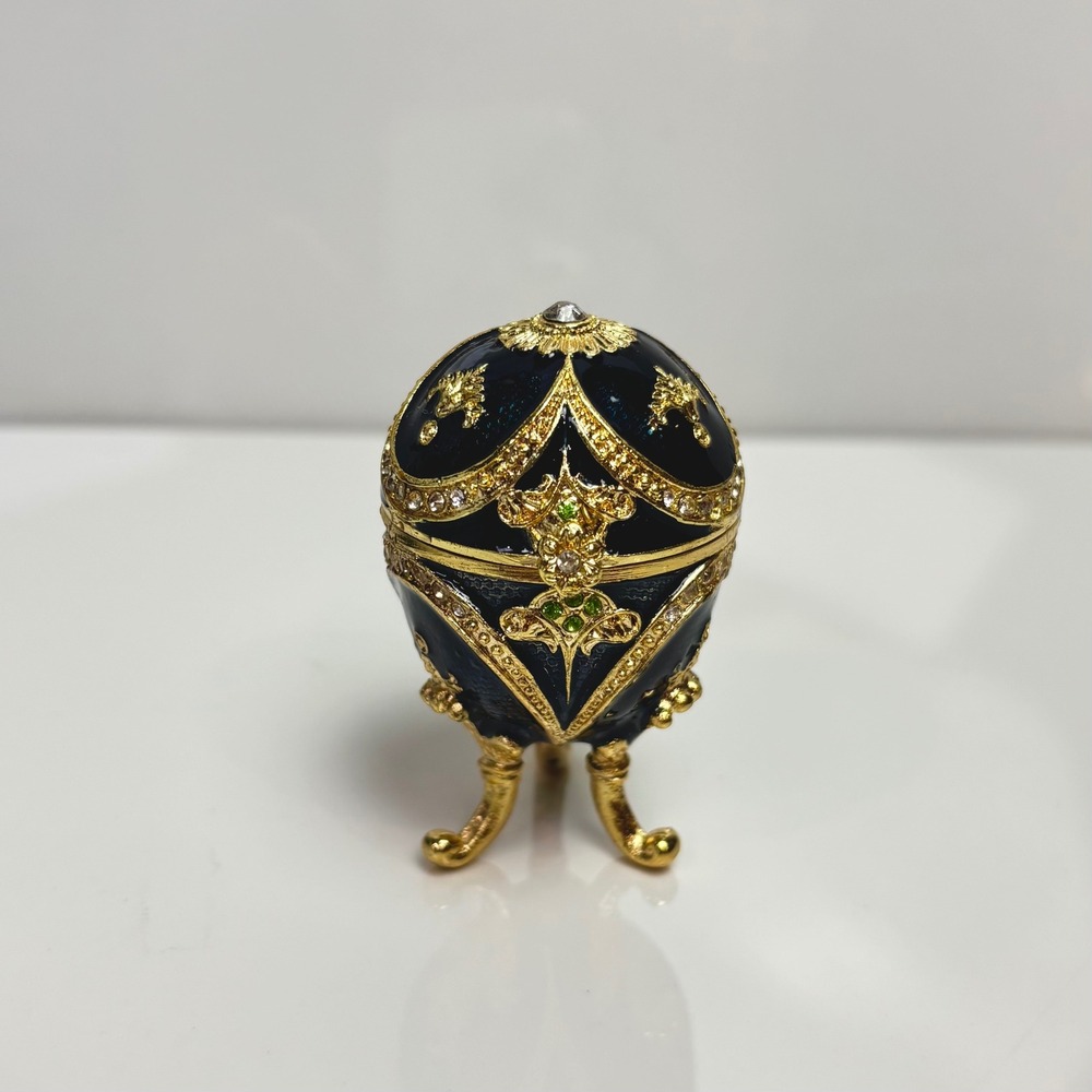 Golden Egg Fabergé Style Navy Blue Gold Enamel Crystal Trinket Box with Case